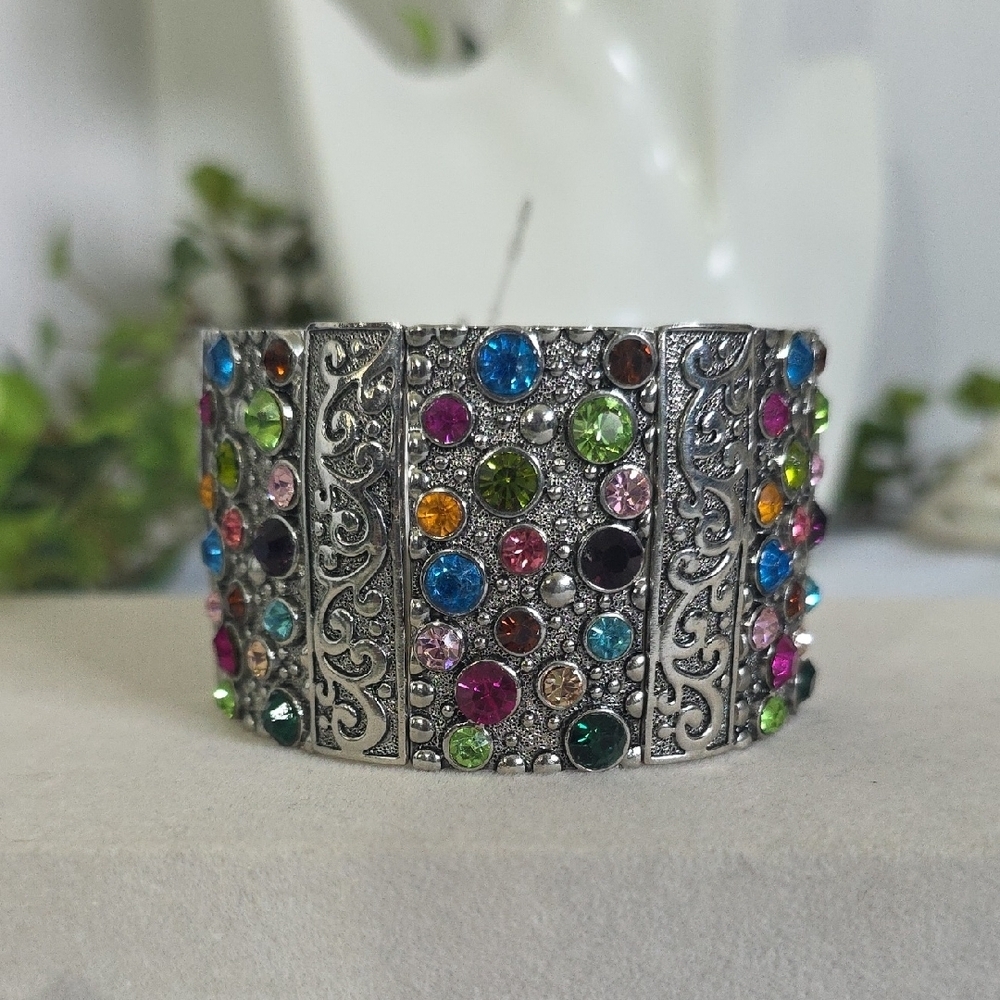 Vintage Wide Silver Multi Color CZ Statement Bracelet